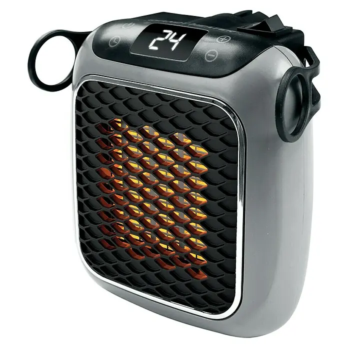 Calefactor cerámico Handy Heater - Gris, 11,5 x 14,6 x 22,9 cm - Esta imagen muestra un calefactor portátil gris con pantalla digital y una rejilla negra que muestra los elementos calefactores en su interior.