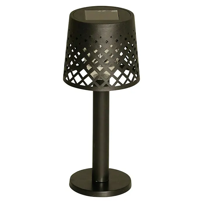 Luxform Manacor Lámpara de sobremesa solar - Negro, Ø x Al: 9 x 22 cm - Lámpara solar de jardín negra con una pantalla calada decorativa y un soporte cilíndrico esbelto.