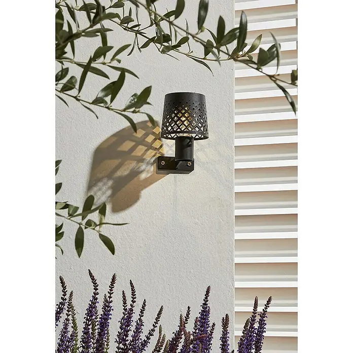 Luxform Manacor Aplique solar para exterior - L x An x Al: 9 x 9 x 13,5 cm, Negro - Un primer plano de una lámpara de pared exterior negra con un diseño de celosía decorativa, que emite un brillo cálido y crea una hermosa sombra.