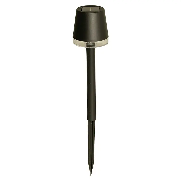 Luxform Cala D'Or Estaca solar - L x An x Al: 8 x 8 x 26 cm, Negro, IP44, 1 lm - Primer plano de una lámpara solar de jardín negra con estaca de tierra, ideal para crear iluminación ambiental en espacios exteriores.