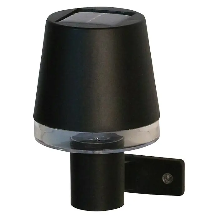 Luxform Cala D'Or Aplique solar para exterior - L x An x Al: 8 x 8 x 13,5 cm, Negro - Primer plano de una lámpara de pared solar negra con una banda de luz clara y un soporte de pared sobre un fondo negro.