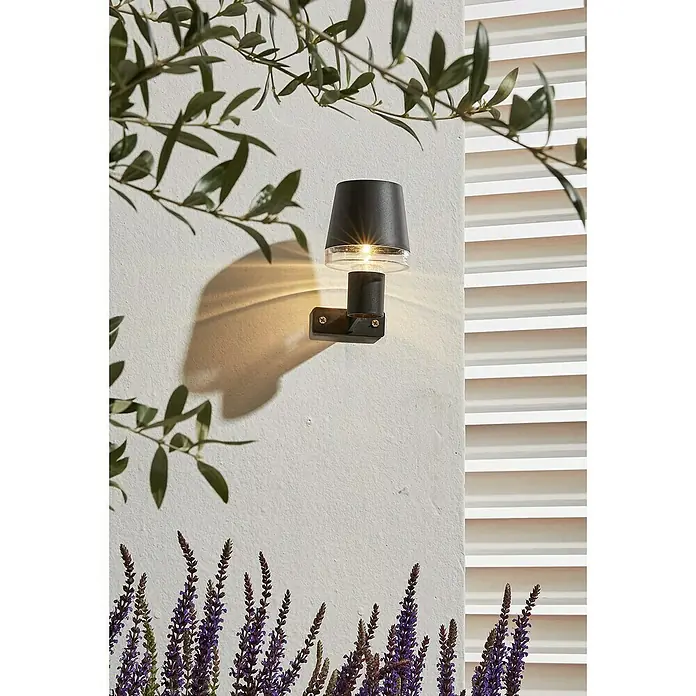 Luxform Cala D'Or Aplique solar para exterior - L x An x Al: 8 x 8 x 13,5 cm, Negro - Primer plano de una lámpara de pared exterior negra moderna con un detalle transparente, que emite un brillo cálido y crea un ambiente elegante.
