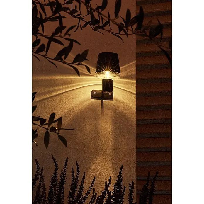 Luxform Cala D'Or Aplique solar para exterior - L x An x Al: 8 x 8 x 13,5 cm, Negro - Lámpara de pared con efectos de luz en una fachada rodeada de plantas. La lámpara emite luz cálida y crea interesantes patrones de sombra.