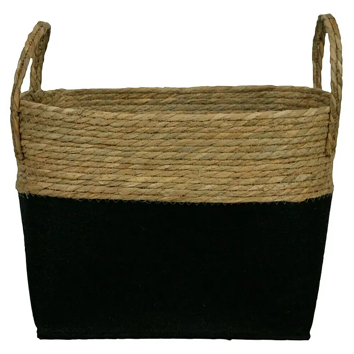 Seegraskorb - Natur/Schwarz, 38 x 24 x 28 cm, Seegras - Ein rechteckiger Wäschekorb aus Seegras und schwarzem Filz mit zwei Griffen. Der Korb ist ideal zur Aufbewahrung.
