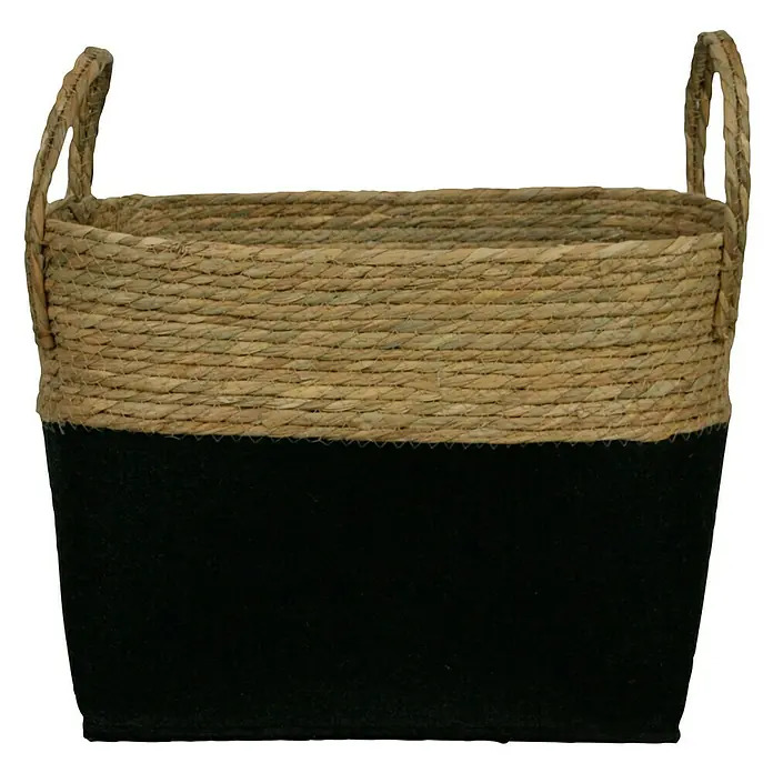 Seegraskorb - Natur/Schwarz, 30 x 15 x 22 cm, Seegras - Rechteckiger Korb mit zwei Griffen, aus Stroh geflochten, mit schwarzer Stoffverkleidung im unteren Bereich.
