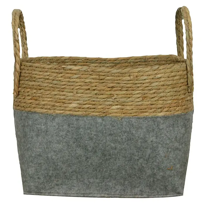 Seegraskorb - Natur/Grau, 30 x 15 x 22 cm, Seegras - Ein rechteckiger Korb aus Weide und grauem Filz mit robusten Griffen, ideal für die Aufbewahrung verschiedener Gegenstände im Haushalt.
