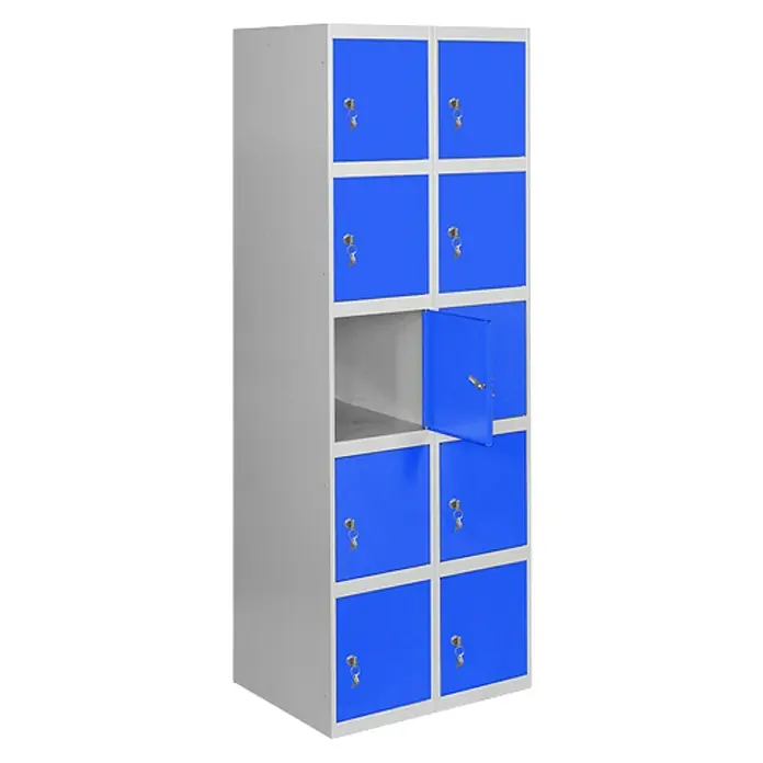 Simonrack Simonlocker Taquilla locker Prof. Doors - L x An x Al: 50 x 80 x 180 cm, Gris/Azul, Número de puertas: 10 ud. - Imagen de un armario azul con diez compartimentos y una puerta abierta, ideal para guardar objetos de valor y pertenencias personales.