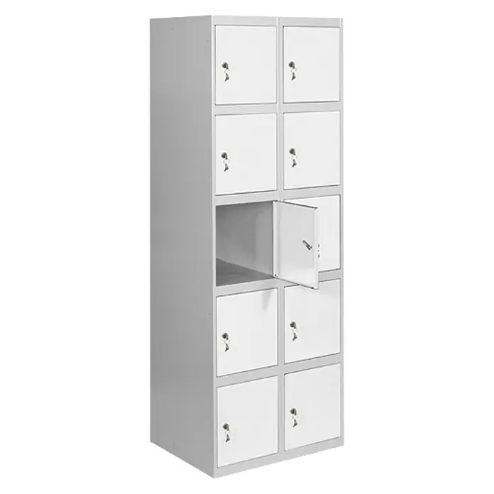 Simonrack Simonlocker Taquilla locker Prof. Doors - L x An x Al: 50 x 80 x 180 cm, Gris/Blanco, Número de puertas: 10 ud. - Un armario metálico blanco con diez compartimentos con llave, un compartimento abierto, ideal para oficina o vestuario.