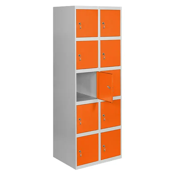 Simonrack Simonlocker Taquilla locker Prof. Doors - L x An x Al: 50 x 80 x 180 cm, Gris/Naranja, Número de puertas: 10 ud. - Un llamativo armario metálico naranja y gris con diez compartimentos, uno de los cuales está abierto. Ideal para escuelas o instalaciones deportivas.