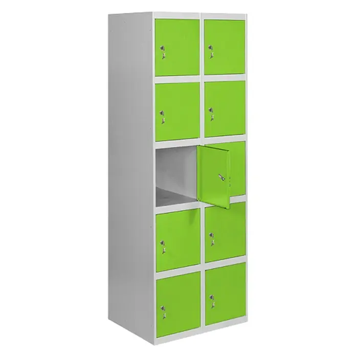Simonrack Simonlocker Taquilla locker Prof. Doors - L x An x Al: 50 x 80 x 180 cm, Gris/Verde, Número de puertas: 10 ud. - Armario verde con diez compartimentos y llaves, uno de los compartimentos está abierto. Ideal para guardar en escuelas y oficinas.