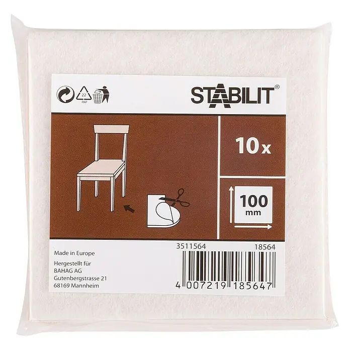 Stabilit Filzplatte100 x 100 x 3,5 mm, Weiß, Kleben - Packung Stabilit Filzgleiter, 10 Stück, 100 mm Kantenlänge, zum Schutz von Möbeln und Böden vor Kratzern und Beschädigungen.