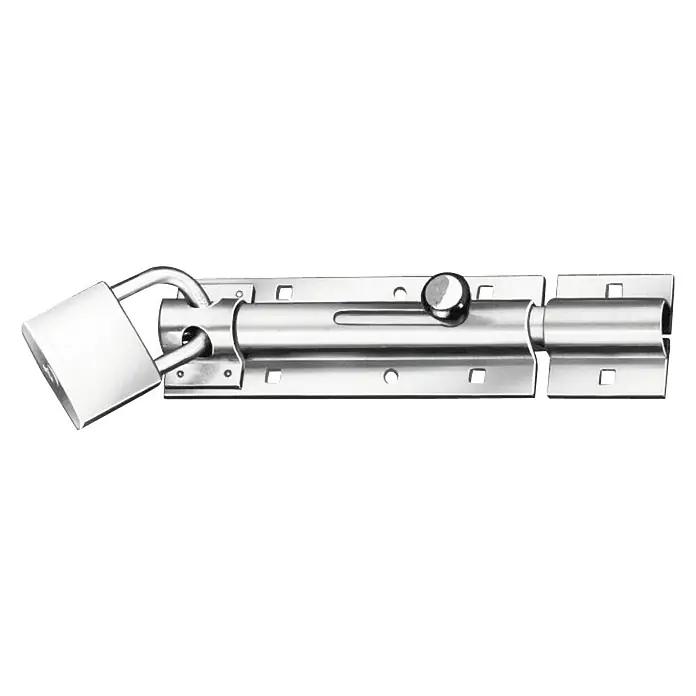 Stabilit Pestillo deslizante - L x An: 130 x 43,5 mm, Acero inoxidable, Candado - Un pasador de barril plateado brillante con un candado. El candado está asegurando el pasador, proporcionando una capa adicional de seguridad.