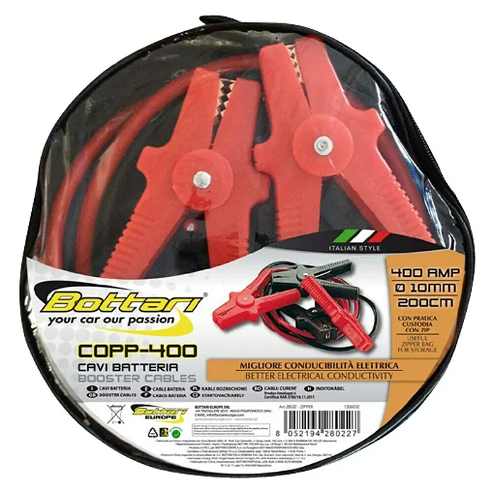 Cable de arranque de 400 Amperios - Pinzas de carga aisladas - Cables de arranque Bottari en bolsa con cremallera. Los cables son rojos y negros, con una intensidad de 400 Amperios.