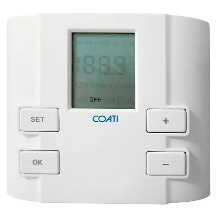 Coati Cronotermostato AF126654 - Calefacción - Termostato COATI: Termostato digital electrónico con pantalla LCD, botones de control y visualización de la temperatura actual.