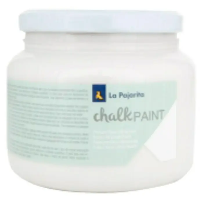 La Pajarita Pintura de tiza Chalk Paint - Sal de Ibiza, 500 ml, Mate - Primer plano de un bote de pintura a la tiza de La Pajarita, ideal para pintar y decorar muebles y otras superficies.