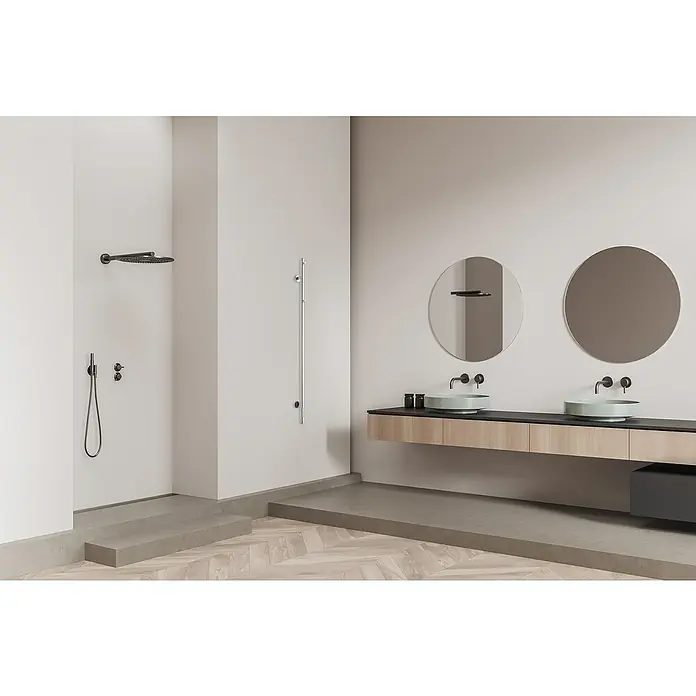 TVS Design Elektro-Badheizkörper Eldo 1 - B x H: 600 x 1.400 mm, Mit Thermostat und Timer, Edelstahl - Elegantes Badezimmer mit Regendusche, Handbrause und Waschtischen mit runden Spiegeln. Das moderne Design zeichnet sich durch klare Linien aus.
