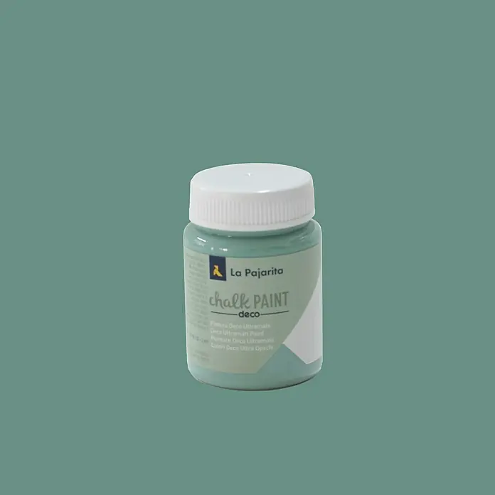 La Pajarita Pintura de tiza Chalk Paint - Verde hielo, 75 ml, Mate - Primer plano de un bote de pintura a la tiza Deco de La Pajarita, un producto versátil para embellecer muebles y objetos decorativos.