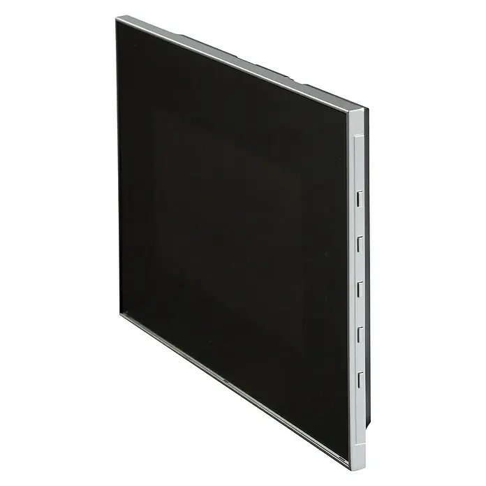 Legrand Videoportero kit espejo - Número de usuarios: 1 ud., Gris - Imagen de un televisor moderno sin marco con un diseño elegante, ideal para un salón estiloso. La pantalla es negra y reflectante.