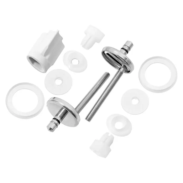 Camargue New York WC-Sitz 3.0 - Duroplast, Weiß, Mit Absenkautomatik - Nahaufnahme von Toilettensitzbefestigungen, darunter Schrauben, Unterlegscheiben und Abdeckungen, die auf einem schwarzen Hintergrund angeordnet sind.