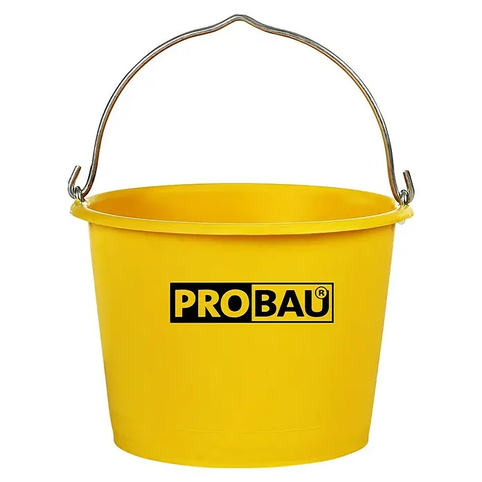 Probau Baueimer - Fassungsvermögen: 12 l, Gelb - Gelber Eimer der Marke Probau mit silbernem Henkel und schwarzem Logo auf der Vorderseite. Ideal für Bauarbeiten und andere Aufgaben.