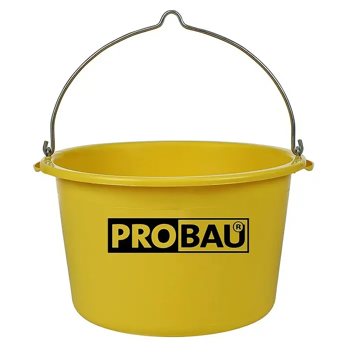 Probau Mörtelkübel - Fassungsvermögen: 40 l, Gelb - Gelber Probau Eimer mit Metallgriff und schwarzem Probau-Logo auf der Vorderseite. Ideal für Bauarbeiten und andere Aufgaben.