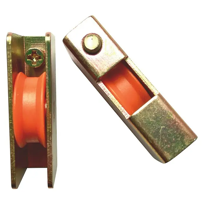Cojinete de bolas metal 4-M - Diámetro: 22 mm, Ancho: 11 mm - Primer plano de dos conjuntos de rodillos de puerta con rodillos naranjas y marcos metálicos.