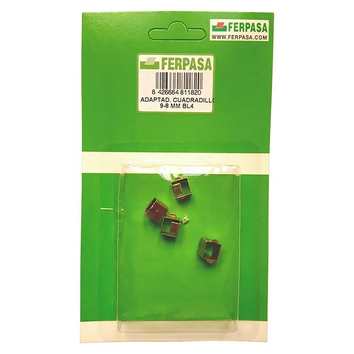 Adaptador para cuadradillo - 4 ud., Latón - Primer plano de un paquete de Ferpasa que contiene adaptadores cuadrados 9-8 MM BL4, mostrados en un embalaje de plástico transparente sobre cartón verde.