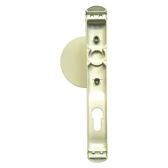 Cerradura para puertas y ventanas - Blanco - Primer plano de un soporte de pared para dispositivos en color blanquecino con patrón de ojo de cerradura para la instalación.