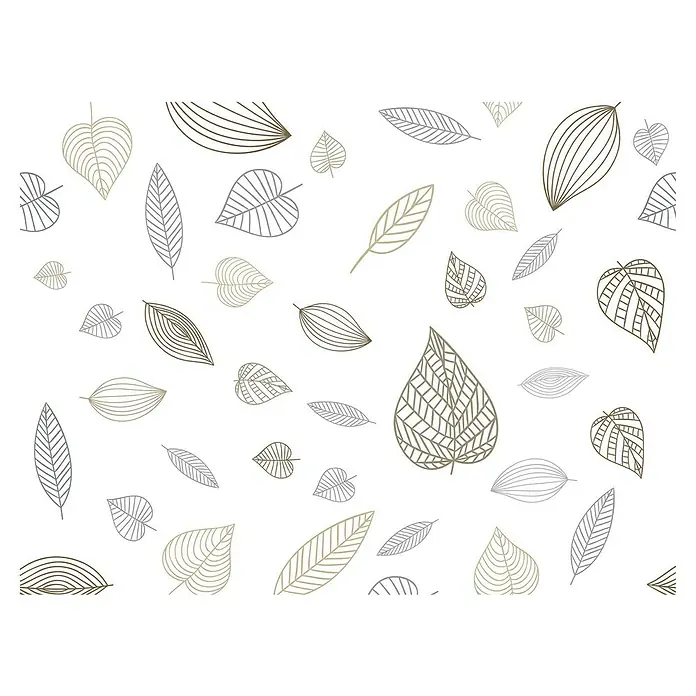 Papel pintado de vinilo Hojas - 280 x 90 cm, Blanco, Autoadhesivo - Patrón decorativo de hojas delineadas en marrón, beige y gris.