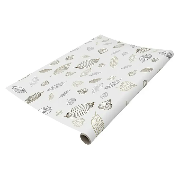Papel pintado de vinilo Hojas - 280 x 90 cm, Blanco, Autoadhesivo - Rollo de papel de regalo con un elegante patrón de hojas en tonos dorados y marrones sobre un elegante fondo blanco para ocasiones especiales.