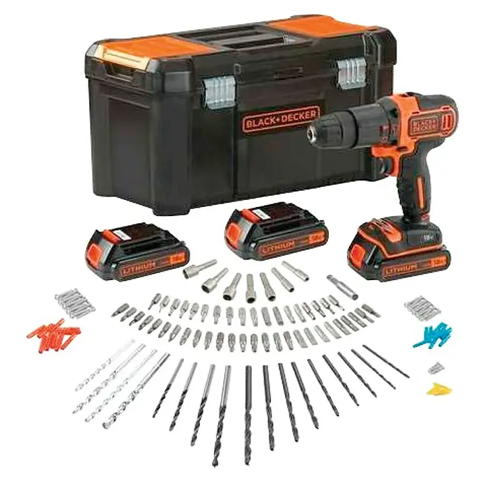 Black+Decker Taladro atornillador percutor de batería BDCHD181B - 18 V, 3 baterías, 1,5 Ah, 40 Nm - Kit de taladro inalámbrico Black+Decker con brocas y caja de herramientas, ideal para aficionados al bricolaje y profesionales.