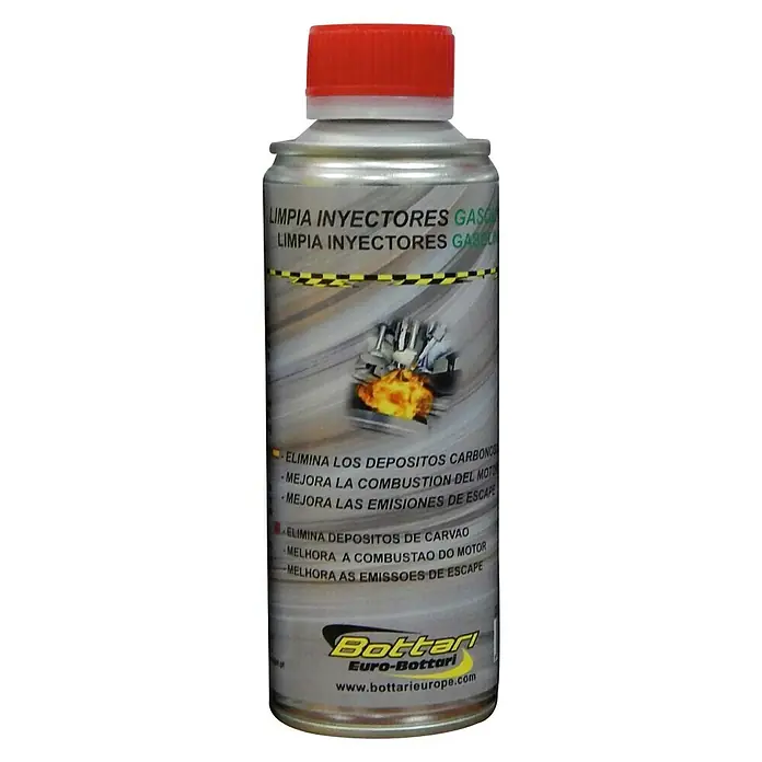 Limpiador de inyectores gasolina - 250 ml - Imagen de una botella de limpiador de inyectores de gasolina Bottari con tapón rojo, diseñado para eliminar depósitos y mejorar la combustión.