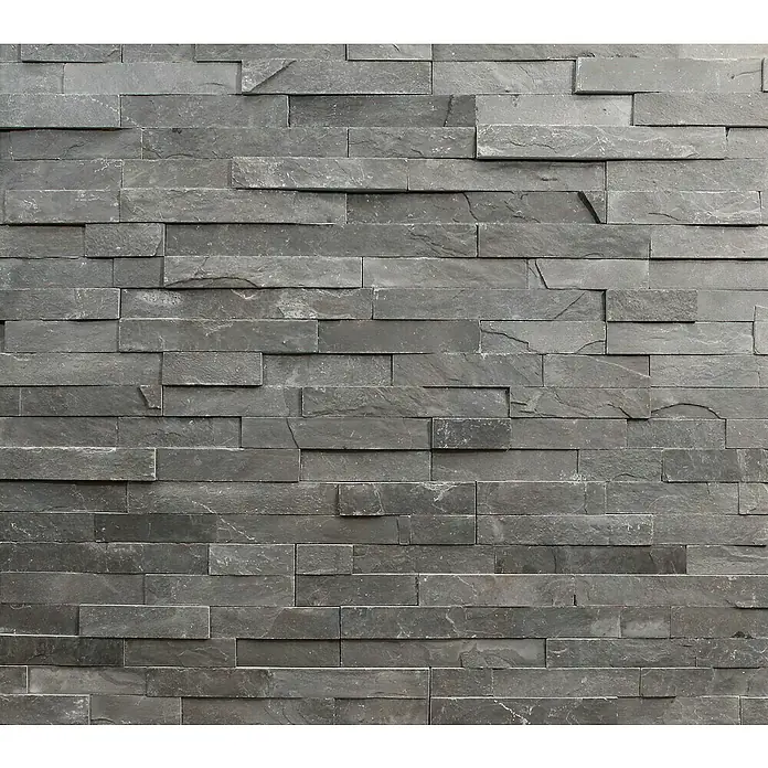 Verblendstein Nature - 15 x 60 cm, Schwarz, Steinoptik - Graue Steinwand-Verkleidung mit rechteckigen Steinen in verschiedenen Größen für eine rustikale Optik. Robust und stilvoll.
