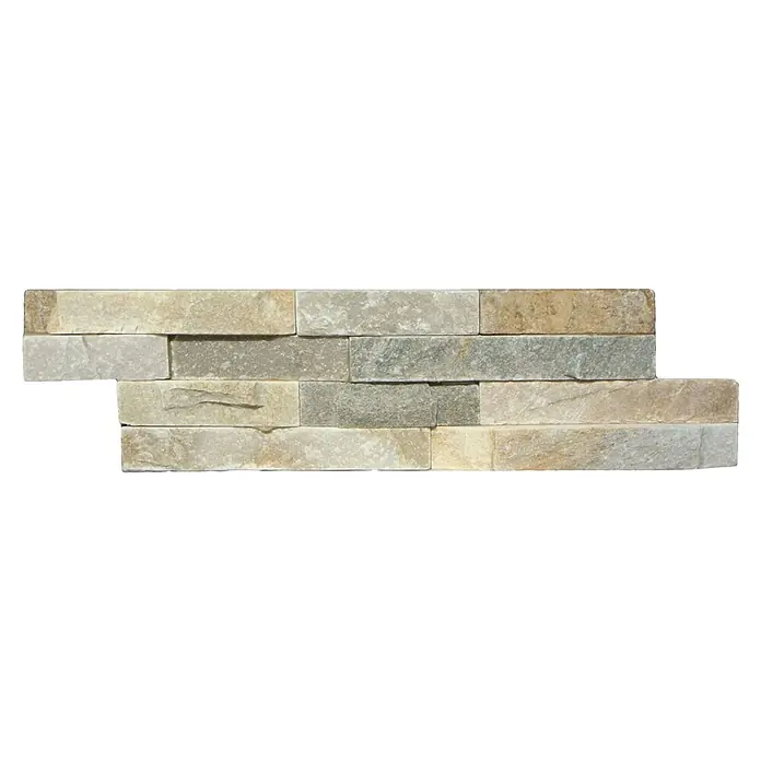Verblendstein Nature - 10 x 40 cm, Beige, Natursteinoptik - Nahaufnahme einer Wandverkleidung aus mehrfarbigem Naturstein, ideal für stilvolle Innen- und Außendesigns.