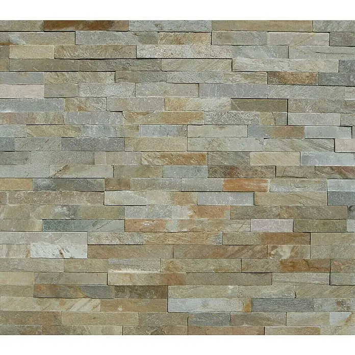 Verblendstein Nature - 15 x 60 cm, Beige, Steinoptik - Nahaufnahme einer Wand mit hellbraunen und grauen Natursteinverblendern, die eine rustikale und moderne Textur erzeugen.