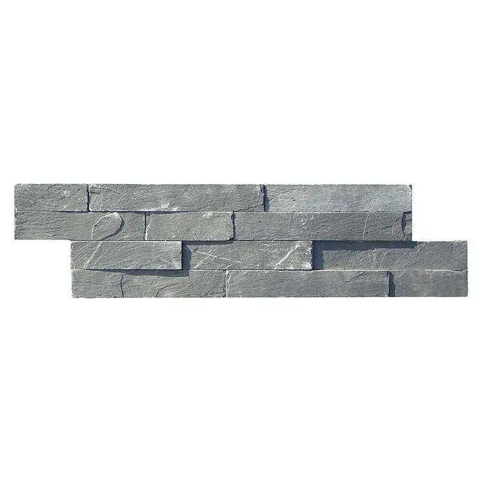Verblendstein Nature - 10 x 40 cm, Schwarz, Natursteinoptik - Graue Steinverkleidung mit unregelmäßiger Textur, ideal für moderne Innen- und Außendesigns.