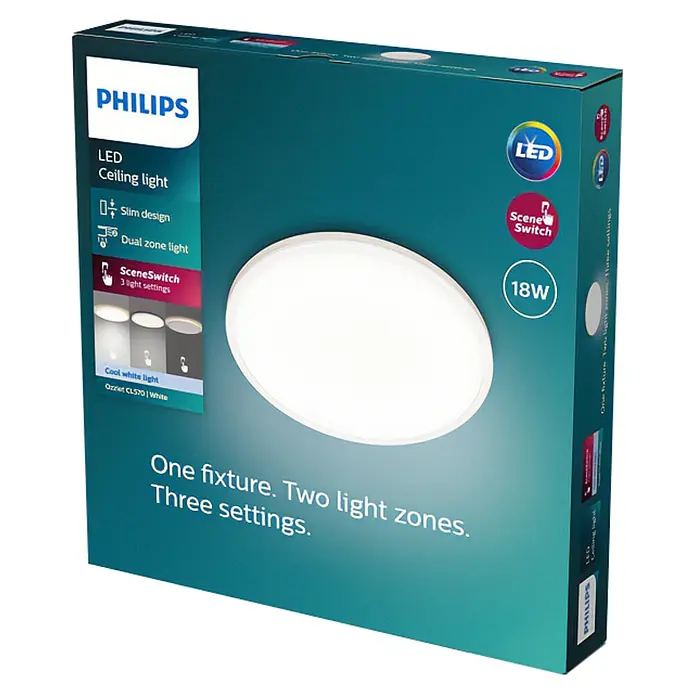 Philips Plafón LED redondo Ozziet - 18 W, Ø x Al: 30 cm x 4,5 mm, Blanco, Blanco, Blanco neutro - Embalaje de una lámpara de techo LED Philips con diseño delgado y SceneSwitch con tres configuraciones de luz.