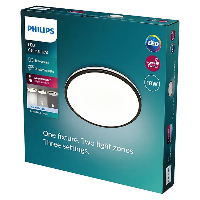 Philips Plafón LED redondo Ozziet - 18 W, Ø x Al: 30 cm x 4,5 mm, Negro, Blanco, Blanco neutro - Embalaje de una lámpara de techo LED Philips con interruptor de escena, diseño delgado, luz de zona dual y potencia de 18W.
