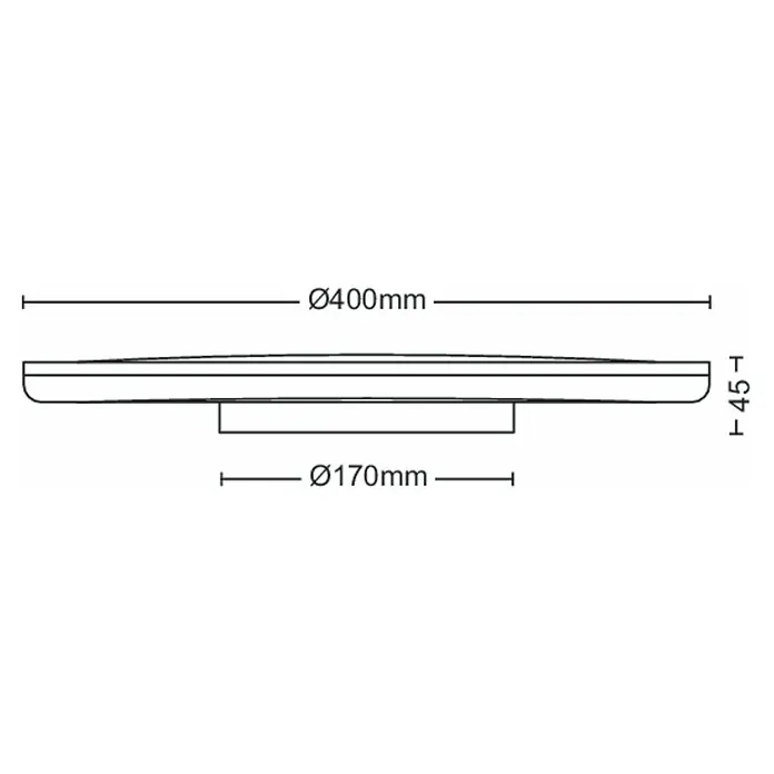 Philips Plafón LED redondo Ozziet - 22 W, Ø x Al: 40 cm x 4,5 mm, Blanco, Blanco, Blanco neutro - Un dibujo esquemático de una lámpara de techo LED, con un diámetro de 400 mm y una altura de 45 mm, más un diámetro de 170 mm para la suspensión.
