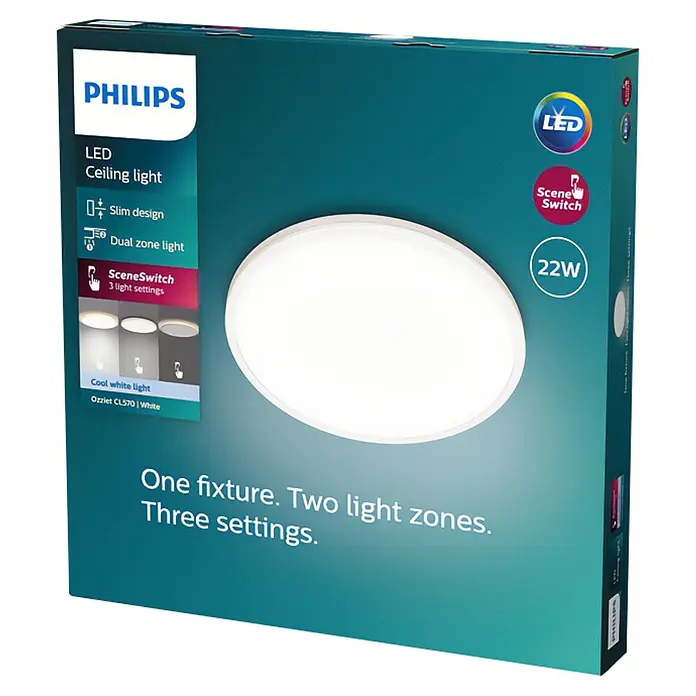 Philips Plafón LED redondo Ozziet - 22 W, Ø x Al: 40 cm x 4,5 mm, Blanco, Blanco, Blanco neutro - Una lámpara de techo LED Philips Ozziet CL570 en blanco, con SceneSwitch, diseño delgado e iluminación de doble zona para una iluminación versátil.
