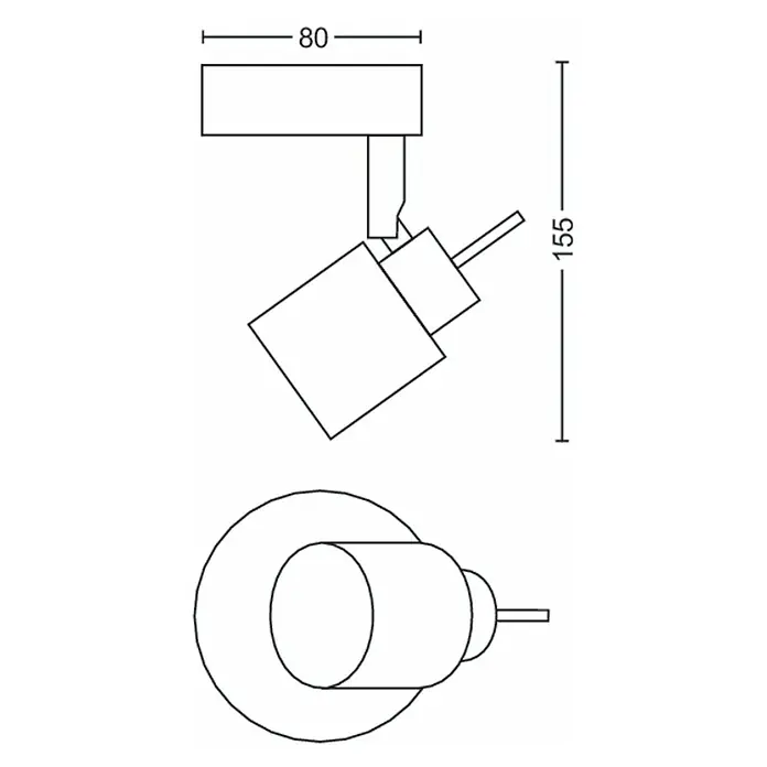 Philips Deckenstrahler Meranti - 35 W, L x B x H: 8 x 8 x 15,5 cm, Weiß, GU10, 1 Stk. - Produktzeichnung einer modernen LED-Spotleuchte mit Maßen für die Wandmontage.
