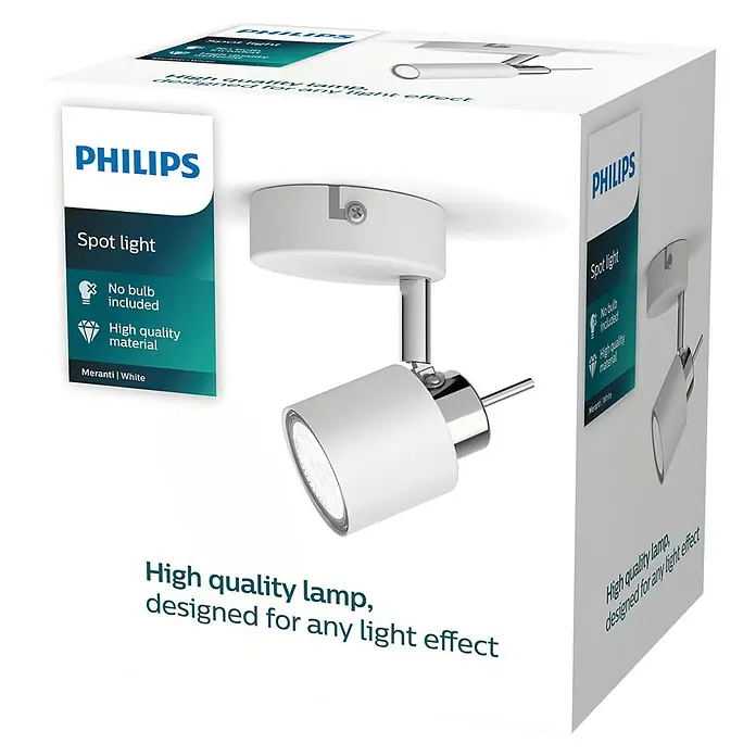 Philips Deckenstrahler Meranti - 35 W, L x B x H: 8 x 8 x 15,5 cm, Weiß, GU10, 1 Stk. - Ein Philips Spot-Light in weißer Verpackung, welches für hochwertige Beleuchtung und verschiedene Lichteffekte entwickelt wurde.