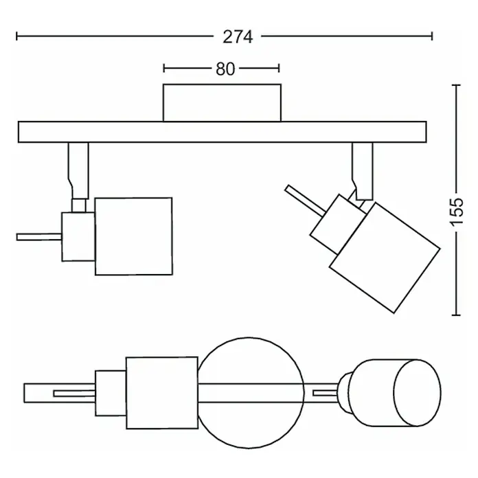 Philips Deckenstrahler Meranti - 70 W, L x B x H: 8 x 27,4 x 15,5 cm, Schwarz, GU10, 2 Stk. - Abbildung einer Deckenleuchte mit zwei Strahlern, Maße 274 mm breit und 155 mm hoch, Basis 80 mm. Ideal für gezielte Beleuchtung.
