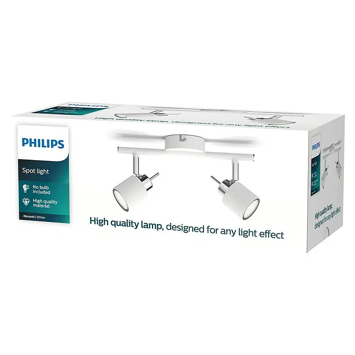Philips Deckenstrahler Meranti - 70 W, L x B x H: 8 x 27,4 x 15,5 cm, Weiß, GU10, 2 Stk. - Verpackung einer Philips Meranti Spotleuchte in Weiß. Hochwertige Lampe für eine individuelle Lichtgestaltung ohne Leuchtmittel.