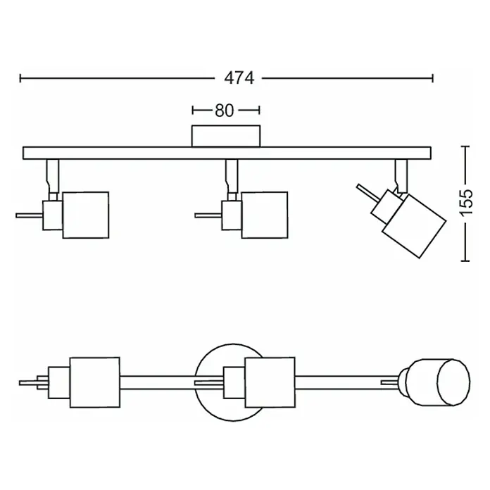 Philips Deckenstrahler Meranti - 105 W, L x B x H: 8 x 47,4 x 15,5 cm, Schwarz, GU10, 3 Stk. - Technische Zeichnung einer dreiflammigen Deckenleuchte mit Maßen, die die Abmessungen der Leuchte zeigen.