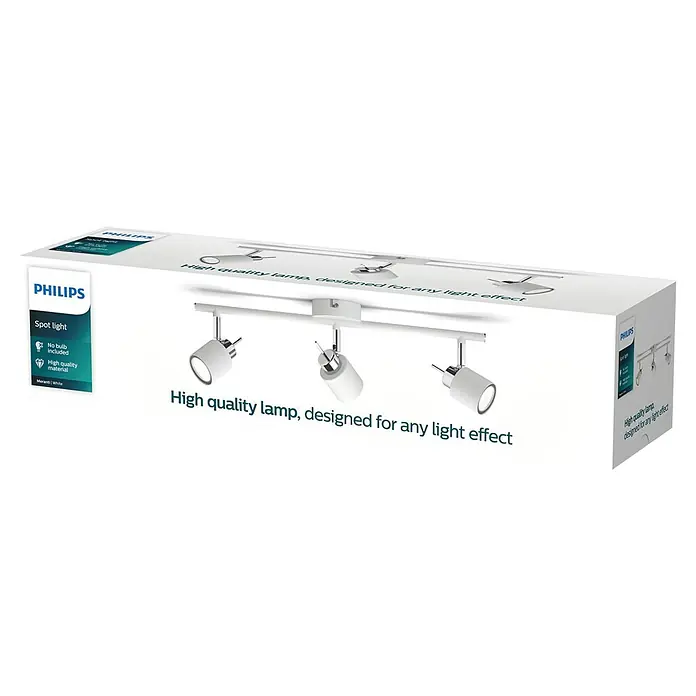 Philips Deckenstrahler Meranti - 105 W, L x B x H: 8 x 47,4 x 15,5 cm, Weiß, GU10, 3 Stk. - Verpackung einer Philips Spotleuchte "Meranti" in Weiß. Hochwertige Lampe, ideal für stimmungsvolle Lichteffekte im Raum.
