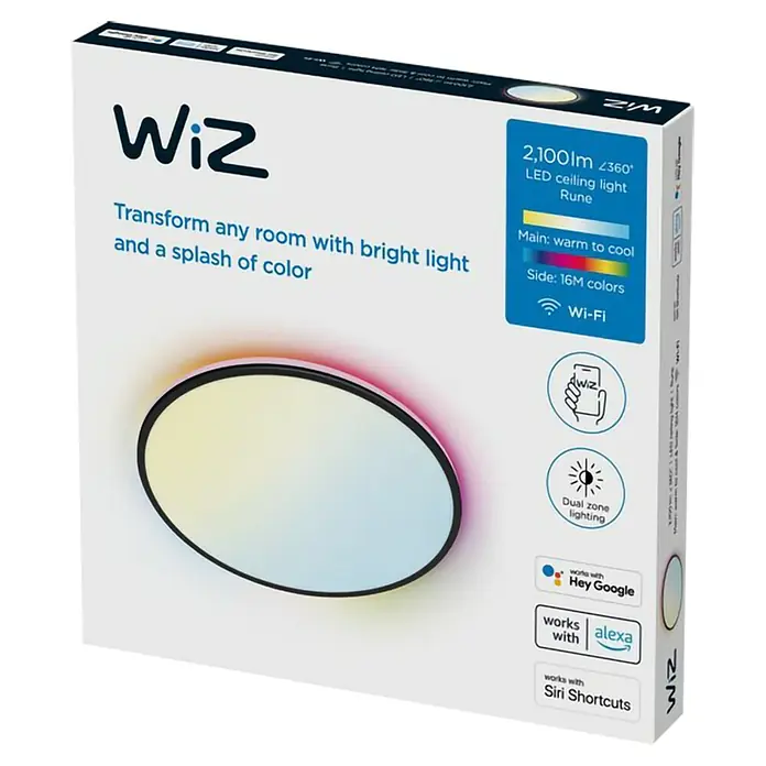 Philips Wiz Plafón LED redondo Rune - 21 W, Ø x Al: 40 x 4,5 cm, Negro, Blanco, Blanco frío - Paquete de un plafón LED WiZ Rune de 2.100lm con función de cambio de color, compatible con Google Assistant, Alexa y Siri.