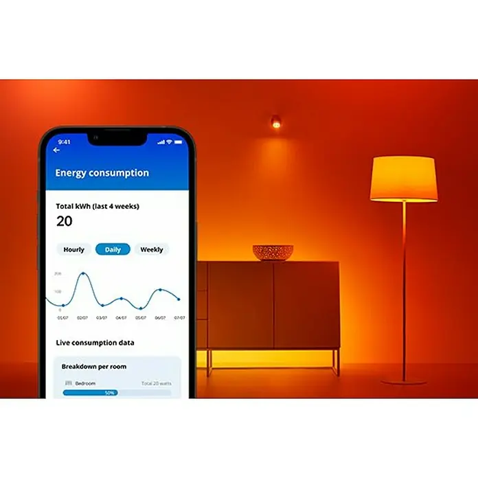 Philips Wiz LED-Deckenleuchte rund - 21 W, Ø x H: 40 x 4,5 cm, Schwarz, Kaltweiß - Ein Smartphone zeigt eine App zur Energieverbrauchsanalyse, mit Details zu kWh und Live-Verbrauchsdaten.