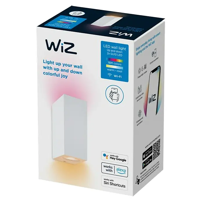 Philips Wiz LED-Außenwandleuchte Up & Down - 5 W, L x B x H: 9,2 x 6,8 x 15 cm, Weiß, RGBW - Das Bild zeigt die Verpackung einer intelligenten WiZ LED-Wandleuchte, die farbiges Licht nach oben und unten wirft und mit Google, Alexa & Siri kompatibel ist.