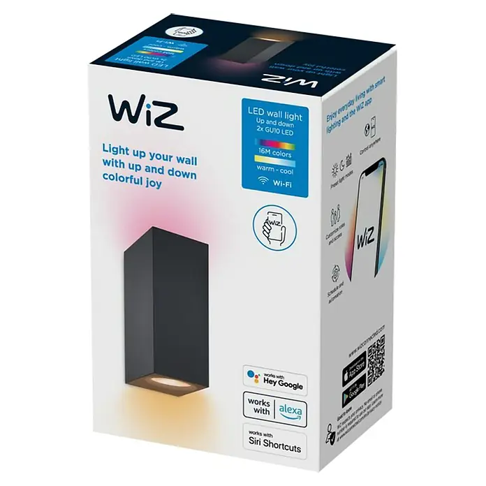 Philips Wiz LED-Außenwandleuchte Up & Down - 5 W, L x B x H: 9,2 x 6,8 x 15 cm, Schwarz, RGBW - Die Verpackung der smarten WiZ LED-Wandleuchte für stimmungsvolle, farbenfrohe Beleuchtung. Kompatibel mit Google, Alexa und Siri.